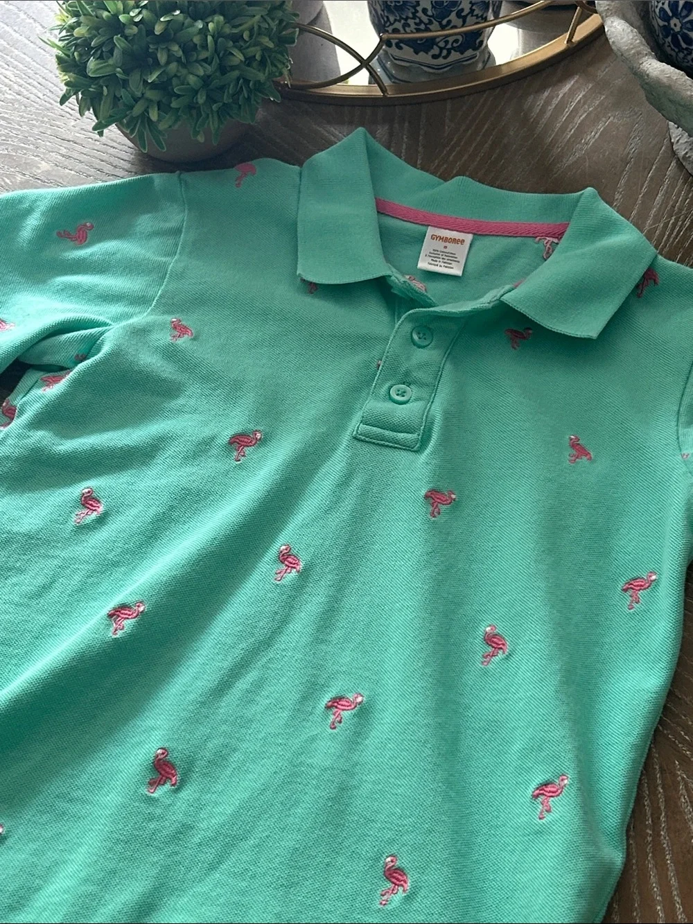 Boys Gymboree Mint Green Poo Golf Shirt Pink Tropical Flamingo Embroidery